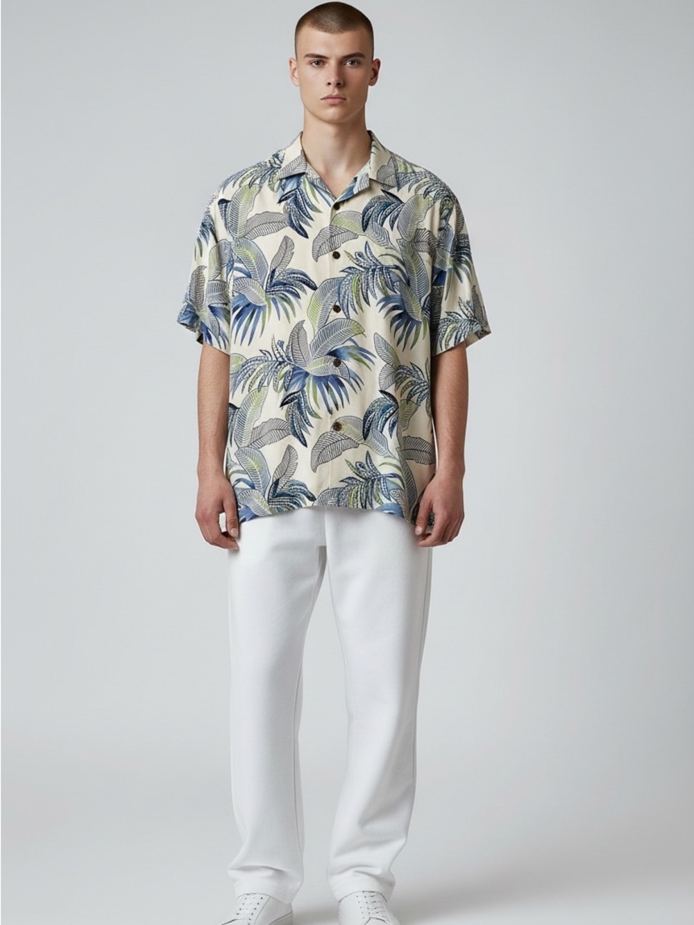 Tommy Bahama Cream Shirt with Blue and Green Palm Print
